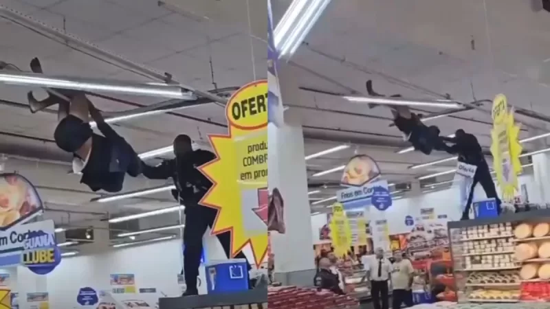 ‘Tarzan’ invade supermercado na Penha, fica pendurado no teto e acaba preso pela polícia