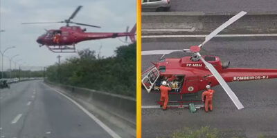 Helicóptero do Corpo de Bombeiros pousa na Linha Vermelha para resgatar vítima de acidente