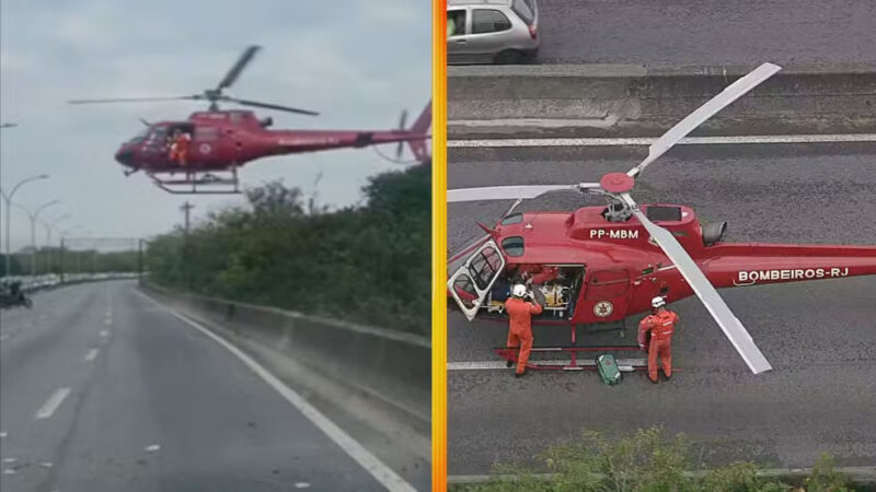 Helicóptero do Corpo de Bombeiros pousa na Linha Vermelha para resgatar vítima de acidente