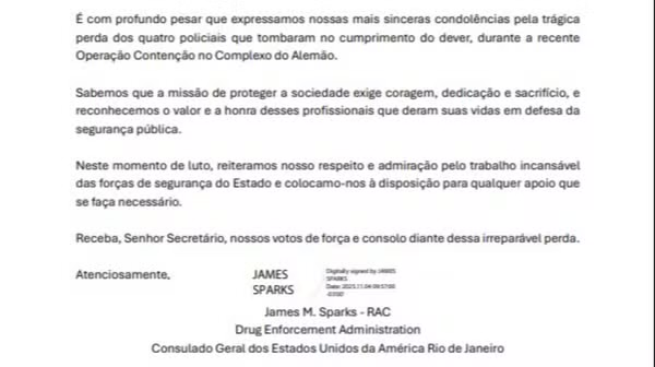 EUA enviam carta de pesar ao Rio por morte de quatro policiais em megaoperação