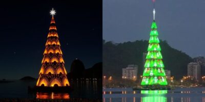 Rio conta com duas árvores de Natal flutuantes no Rio. Qual delas brilha mais?